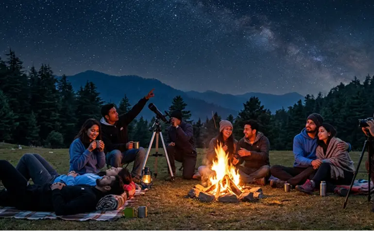 Friends stargazing around a campfire with a telescope